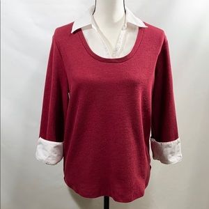 Layered Pullover Top Red with White Collar and Cuffs